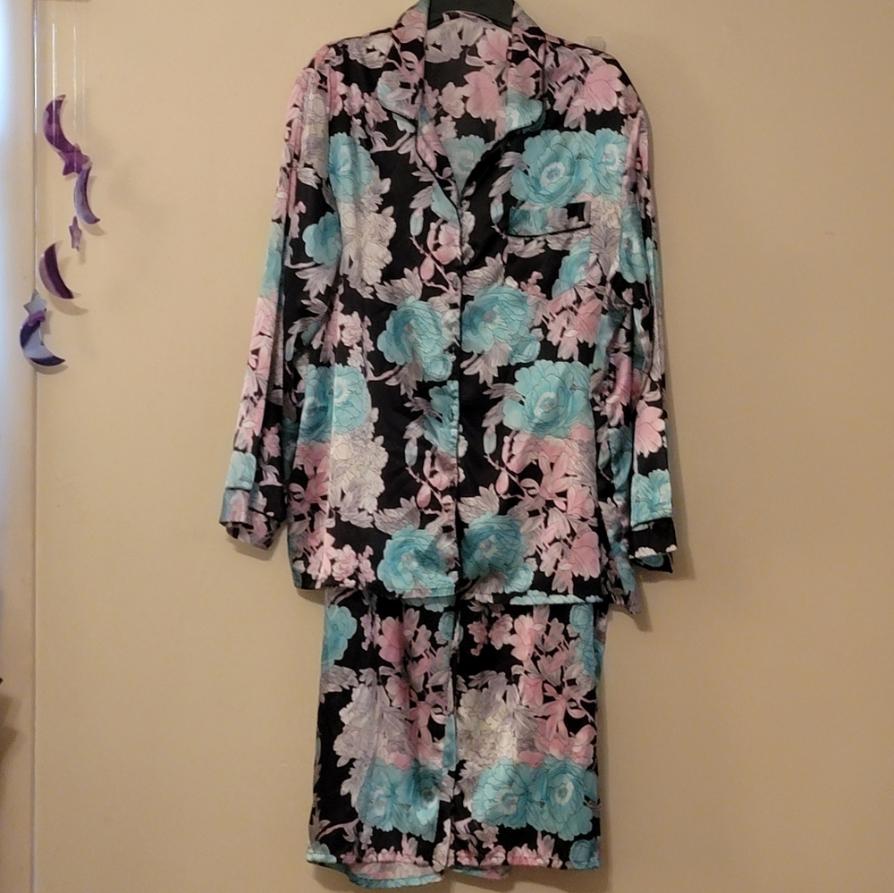 2X Pink & Aqua Peony Satin Pajamas